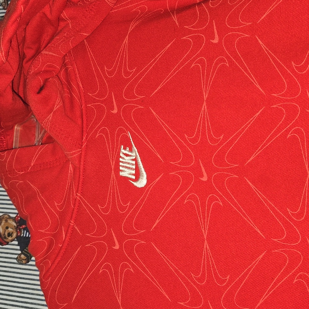 Nike Center Swoosh Check All Over Print Sweatshirt Hoodie Red Kids Large
